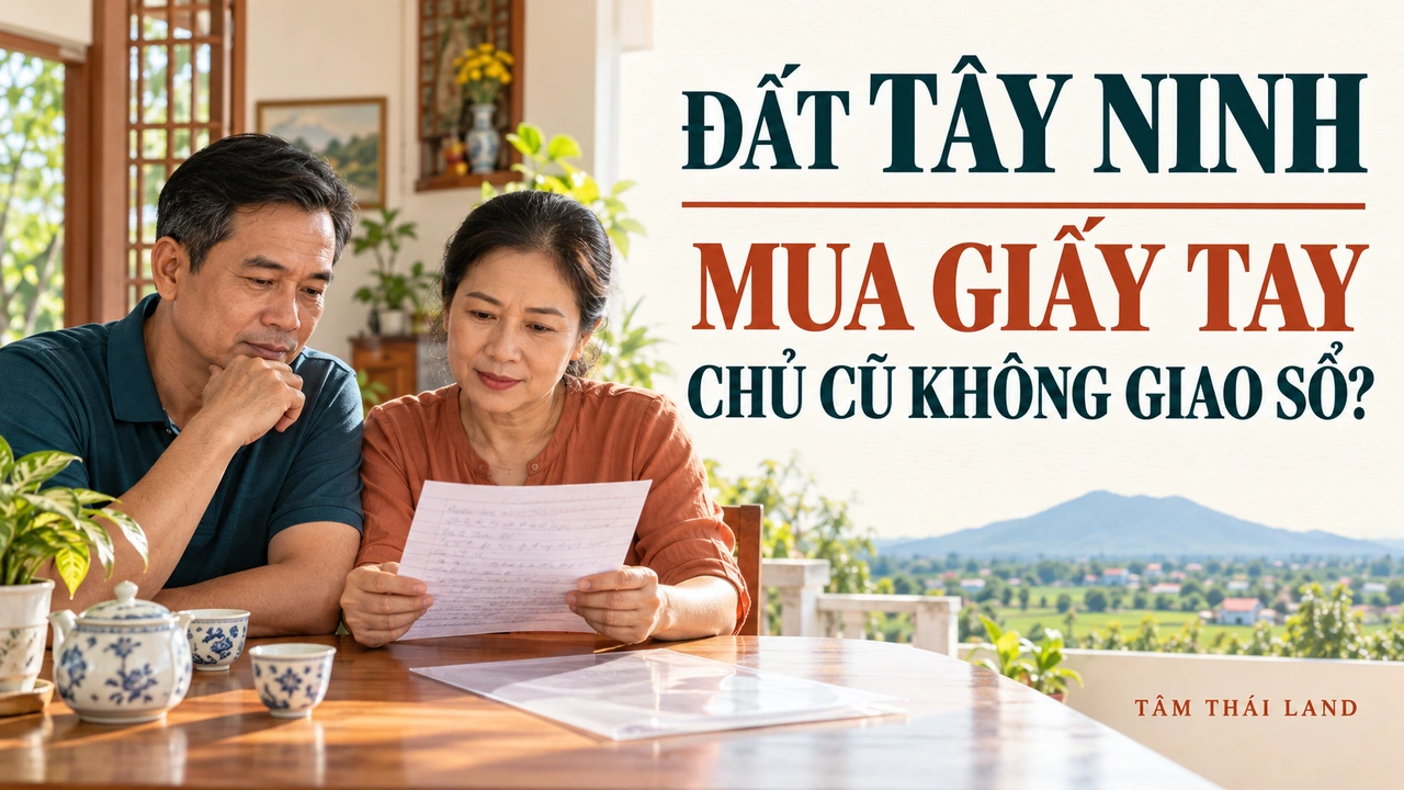 Minh họa gia đình Tây Ninh xem giấy mua đất viết tay khi chủ cũ chưa giao sổ gốc.