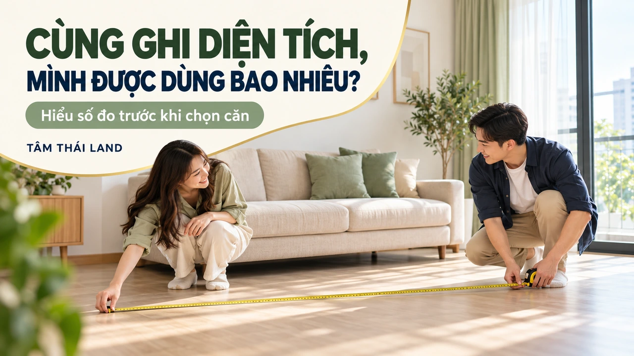 Gia đình đo không gian bố trí đồ trong căn hộ, ảnh minh họa AI về diện tích thông thủy và tim tường