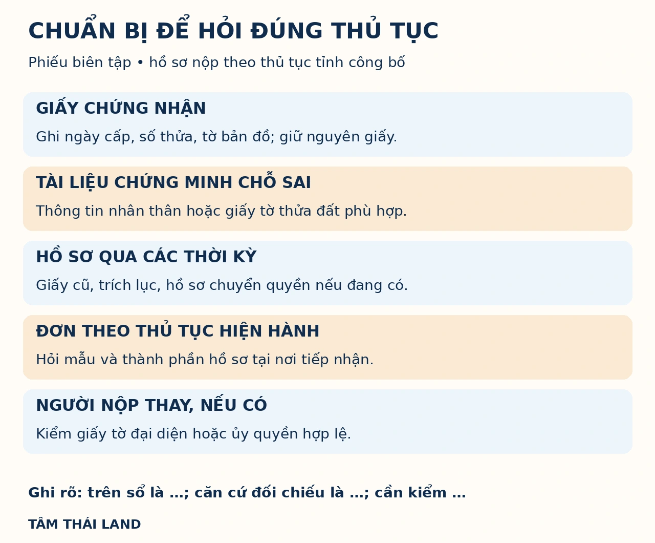 Phiếu chuẩn bị Giấy chứng nhận, tài liệu chứng minh, hồ sơ qua các thời kỳ, mẫu đơn hiện hành và đại diện nếu có.