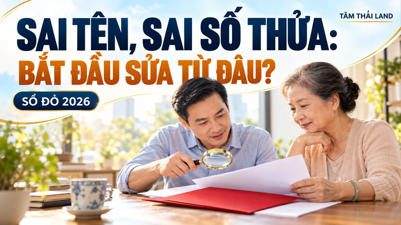 Minh họa hai người đối chiếu giấy tờ, đặt câu hỏi sai tên và sai số thửa bắt đầu sửa từ đâu.