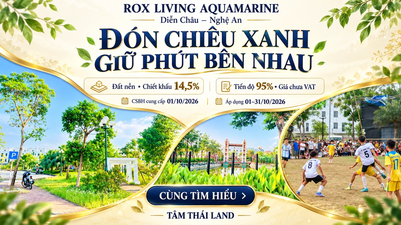 Tư liệu ROX Living Aquamarine Diễn Châu Nghệ An với đường cây xanh, khu vận động và hoạt động bóng đá.
