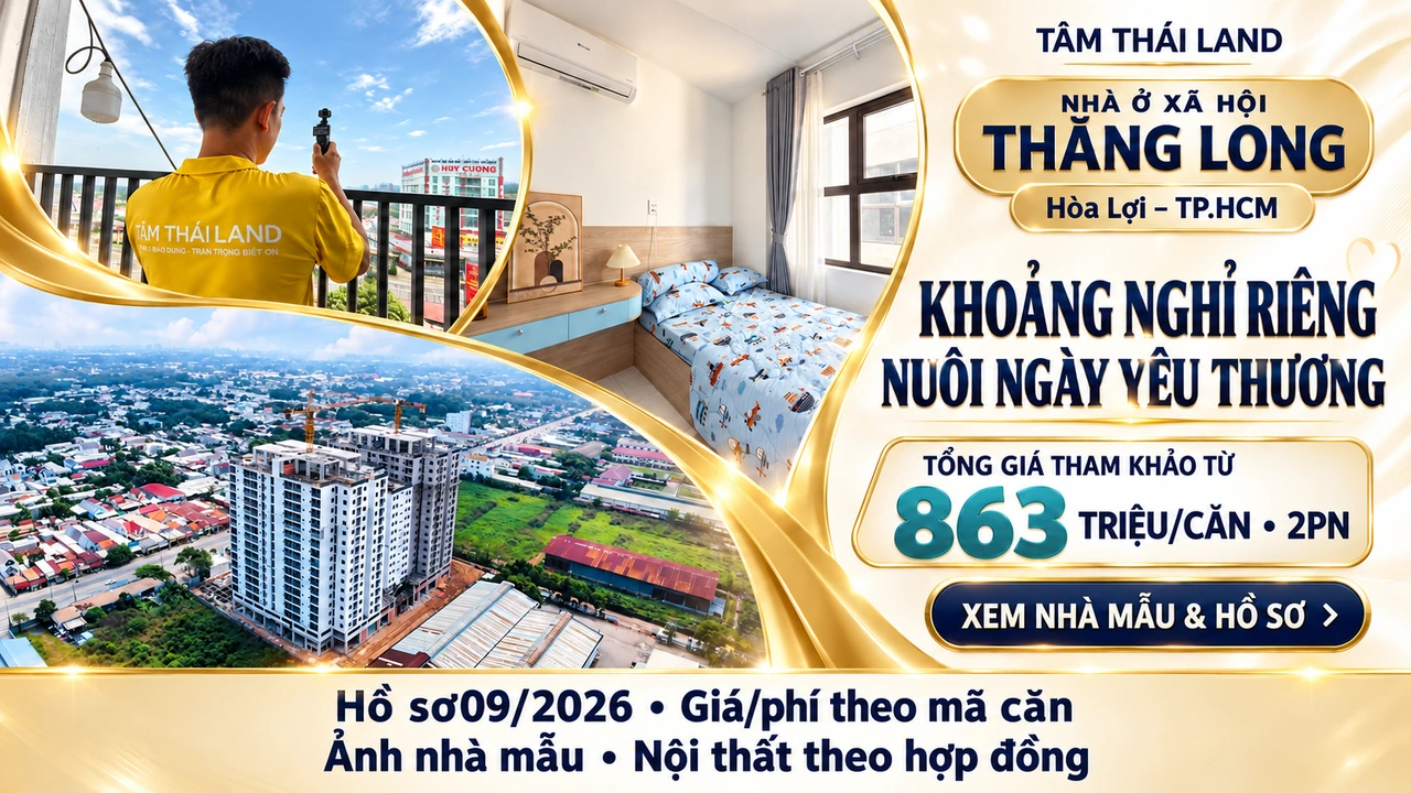 Nhà ở xã hội Thăng Long Hòa Lợi TP.HCM với phòng ngủ mẫu, ban công và toàn cảnh công trình.