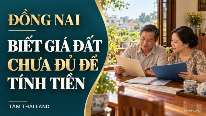 Minh họa AI gia đình đối chiếu hồ sơ tiền đất tại Đồng Nai bên thông điệp biết giá đất chưa đủ để tính tiền.