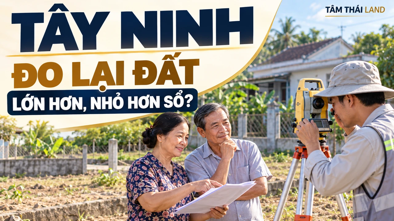 Minh họa gia đình và người đo đất tại Tây Ninh, đặt câu hỏi diện tích lớn hơn hoặc nhỏ hơn sổ.