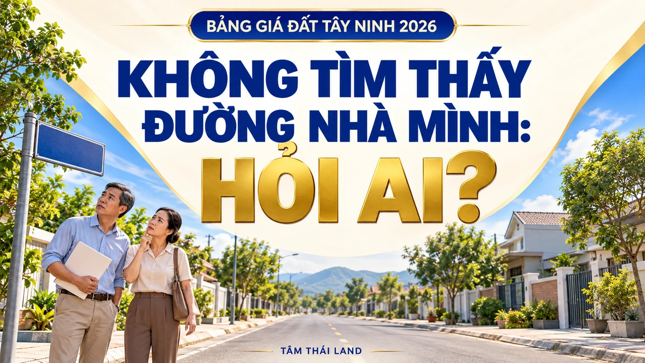 Minh họa hai người xem biển đường chưa ghi tên, gợi câu hỏi tra bảng giá đất Tây Ninh 2026.