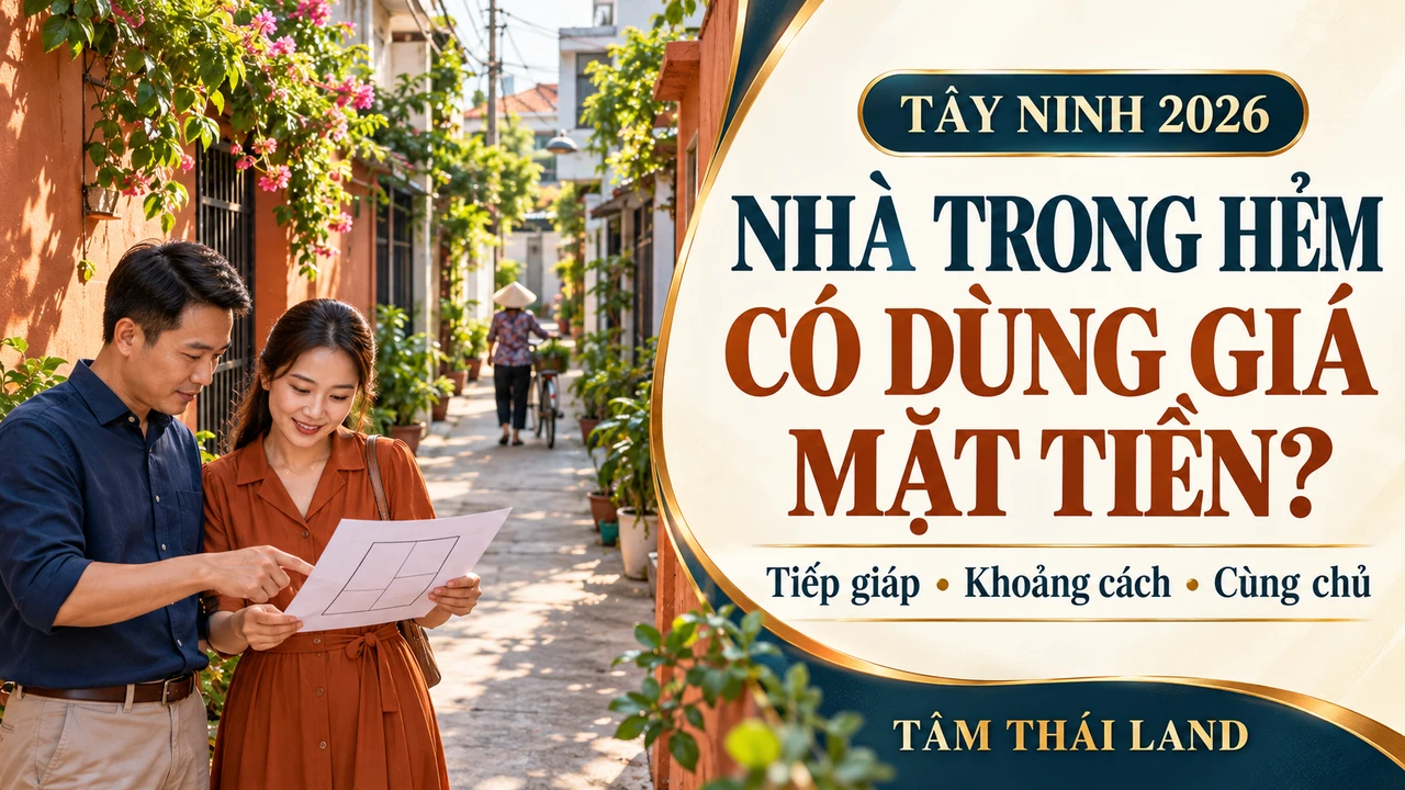 Ảnh minh họa vợ chồng xem sơ đồ thửa đất trong hẻm, đặt câu hỏi về giá mặt tiền tại Tây Ninh năm 2026.