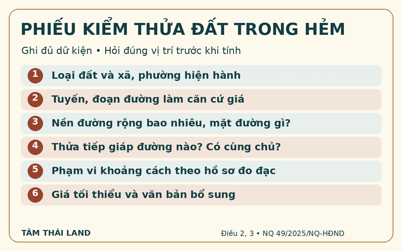 Phiếu sáu dữ kiện gồm loại đất, địa bàn, tuyến đường, nền và mặt đường, tiếp giáp và cùng chủ, khoảng cách theo hồ sơ, giá tối thiểu và văn bản bổ sung.