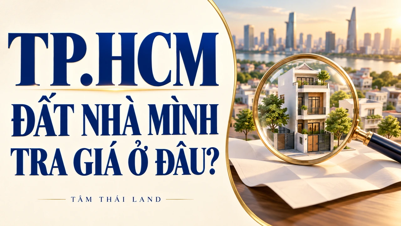 Minh họa ngôi nhà dưới kính lúp, dòng chữ TP.HCM, đất nhà mình tra giá ở đâu.