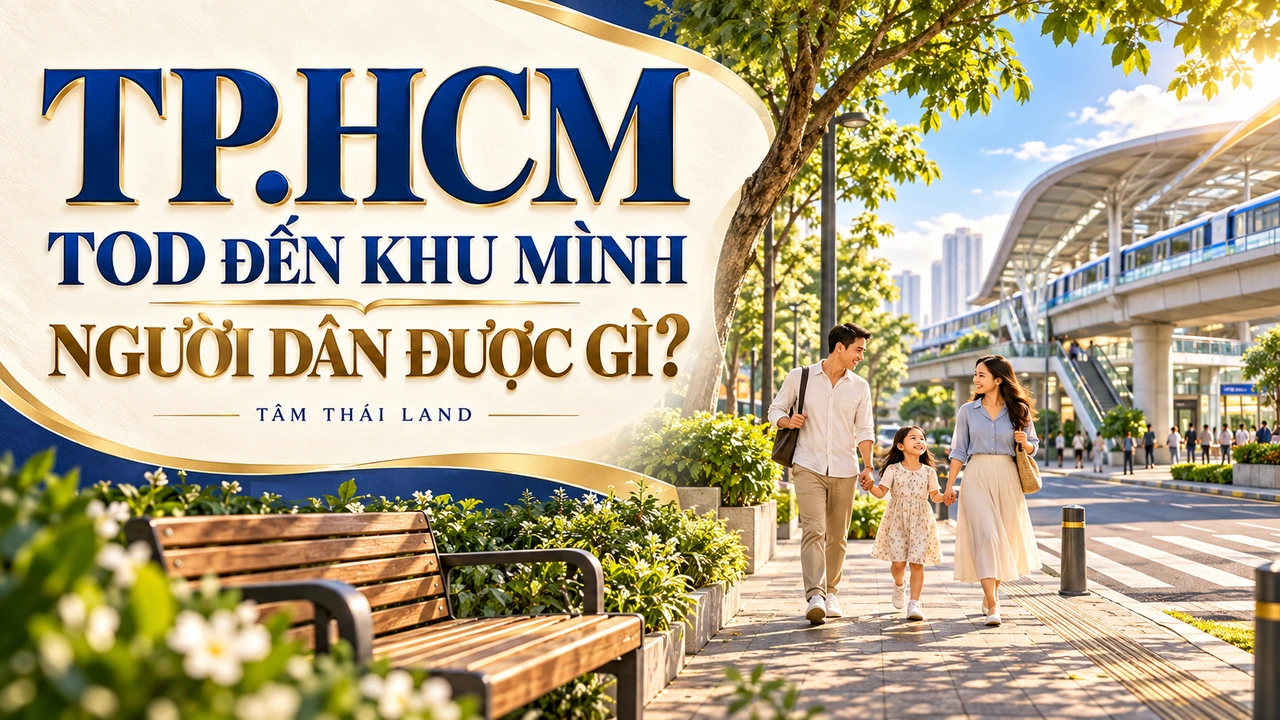 Minh họa AI gia đình đi bộ trên lối cây xanh gần ga với câu hỏi lợi ích TOD TP.HCM