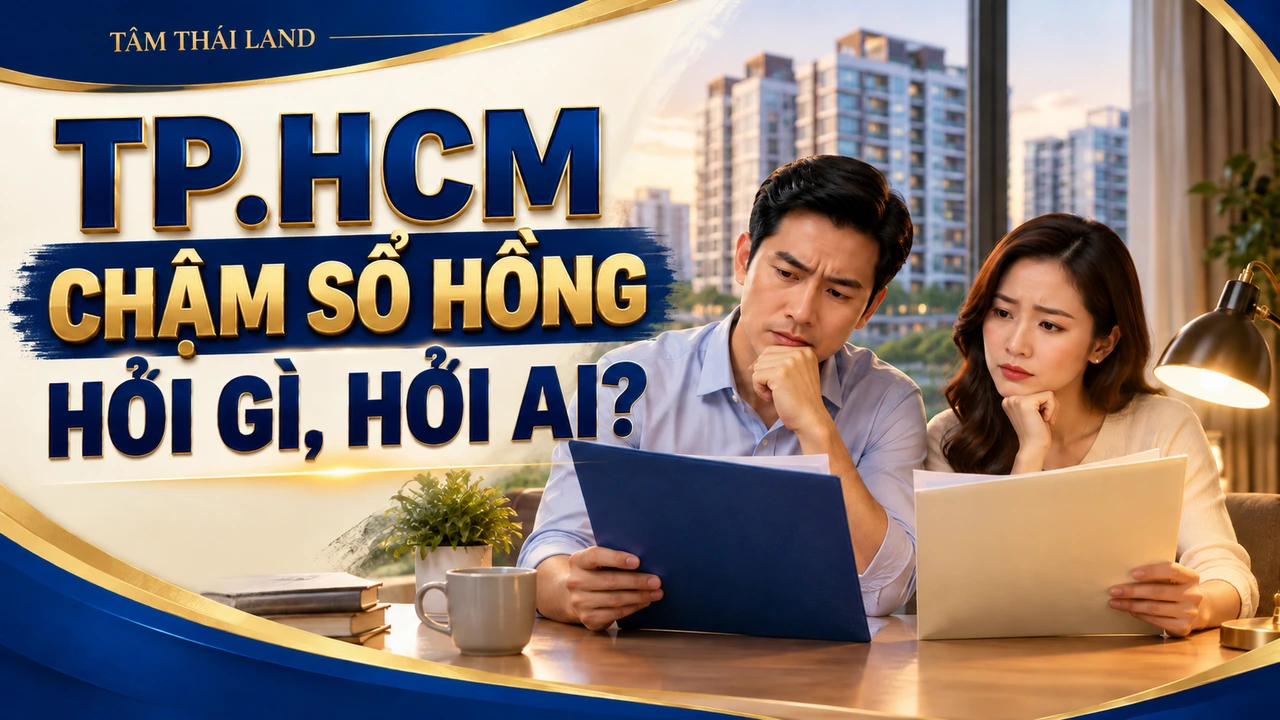 Minh họa AI đôi vợ chồng xem hai tập hồ sơ bên cửa sổ với câu hỏi chung cư TP.HCM chậm sổ hồng hỏi ai