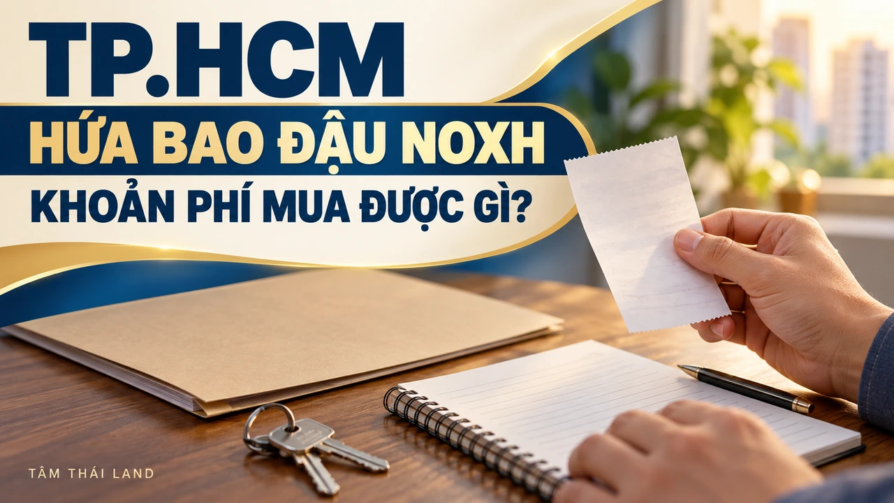 Minh họa AI bàn tay cầm giấy thu tiền trống cạnh tập hồ sơ và sổ ghi chép cho câu hỏi bao đậu NOXH TP.HCM