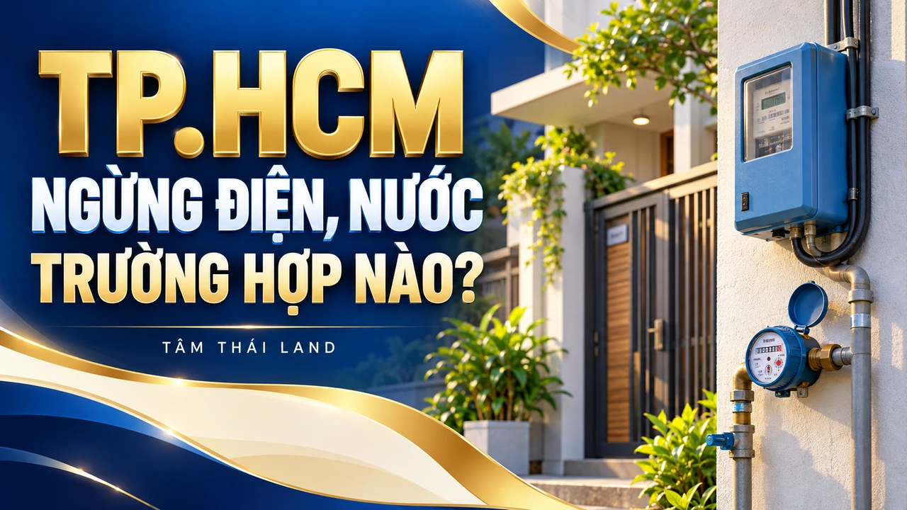Minh họa AI nhà phố và hộp công tơ điện, đồng hồ nước với câu hỏi trường hợp ngừng điện nước TP.HCM