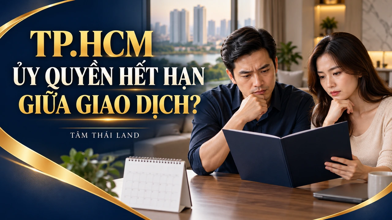 Minh họa AI người xem hồ sơ và lịch trống cho tình huống ủy quyền hết hạn giữa giao dịch nhà TP.HCM