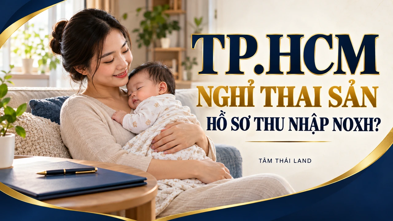 Minh họa AI người mẹ bên em bé và tập hồ sơ trống cho câu hỏi thu nhập NOXH TP.HCM khi nghỉ thai sản