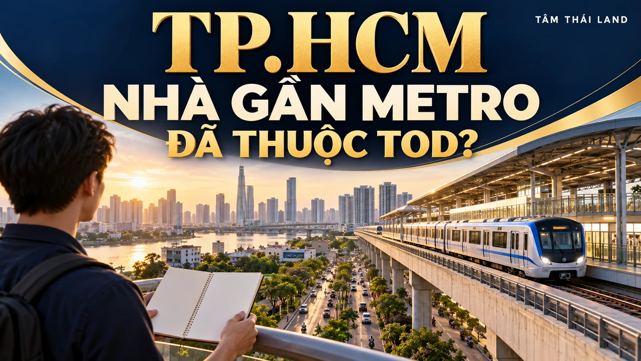 Minh họa AI tuyến metro và người xem sổ trống cho câu hỏi nhà gần metro TP.HCM đã thuộc TOD chưa