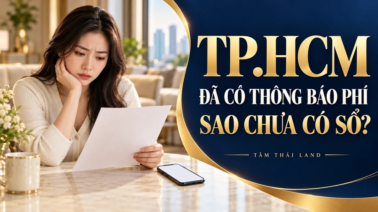 Minh họa AI người đối chiếu giấy và điện thoại trống cho câu hỏi lệ phí trước bạ và sổ hồng TP.HCM