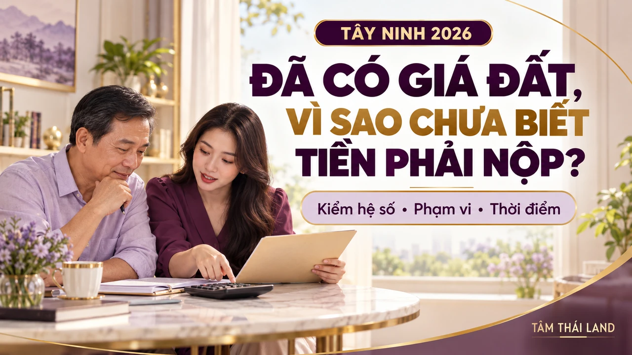 Ảnh minh họa hai người kiểm tra hồ sơ và ngân sách, với câu hỏi về giá đất và tiền phải nộp tại Tây Ninh năm 2026.
