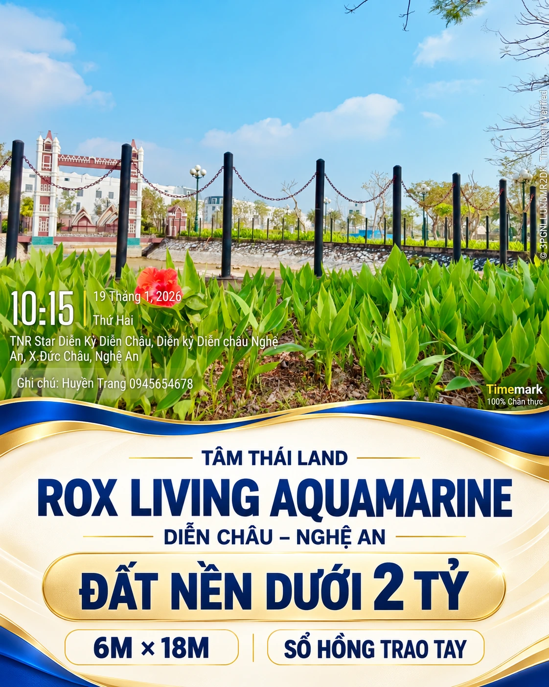 Cảnh cầu mô hình, cột xích và hoa từ kho Aquamarine cùng thông tin đất nền dưới 2 tỷ, 6m × 18m, sổ hồng trao tay