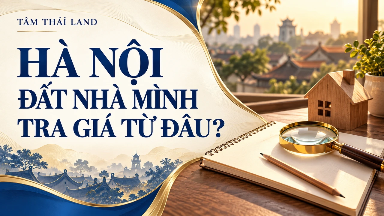 Minh họa sổ tay, kính lúp và mô hình nhà với câu hỏi tra bảng giá đất Hà Nội