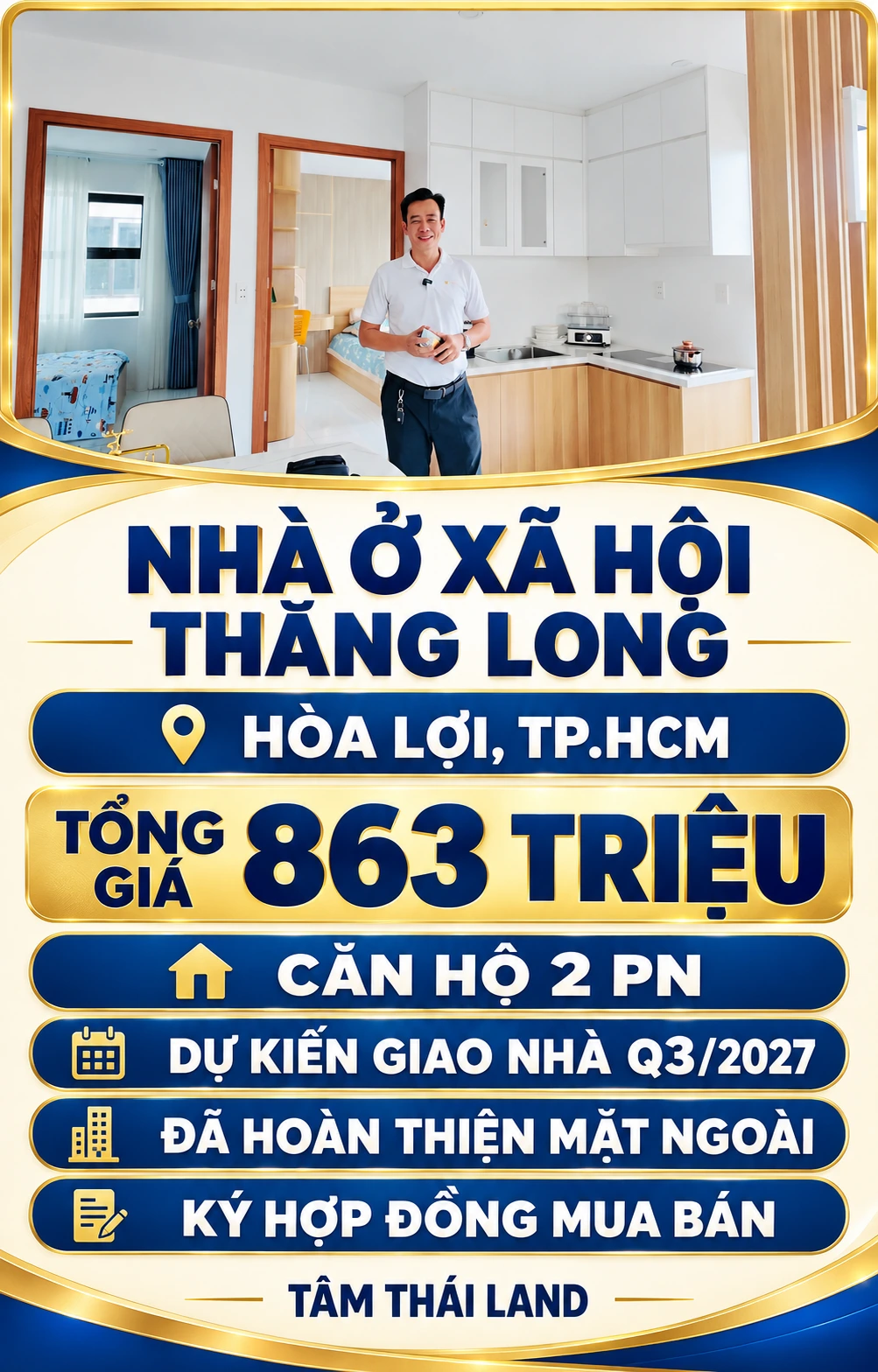 Tư liệu căn mẫu Thăng Long với một người áo trắng, bếp và hai cửa phòng ngủ; thông tin căn hộ 2 PN tổng giá 863 triệu, dự kiến Q3/2027