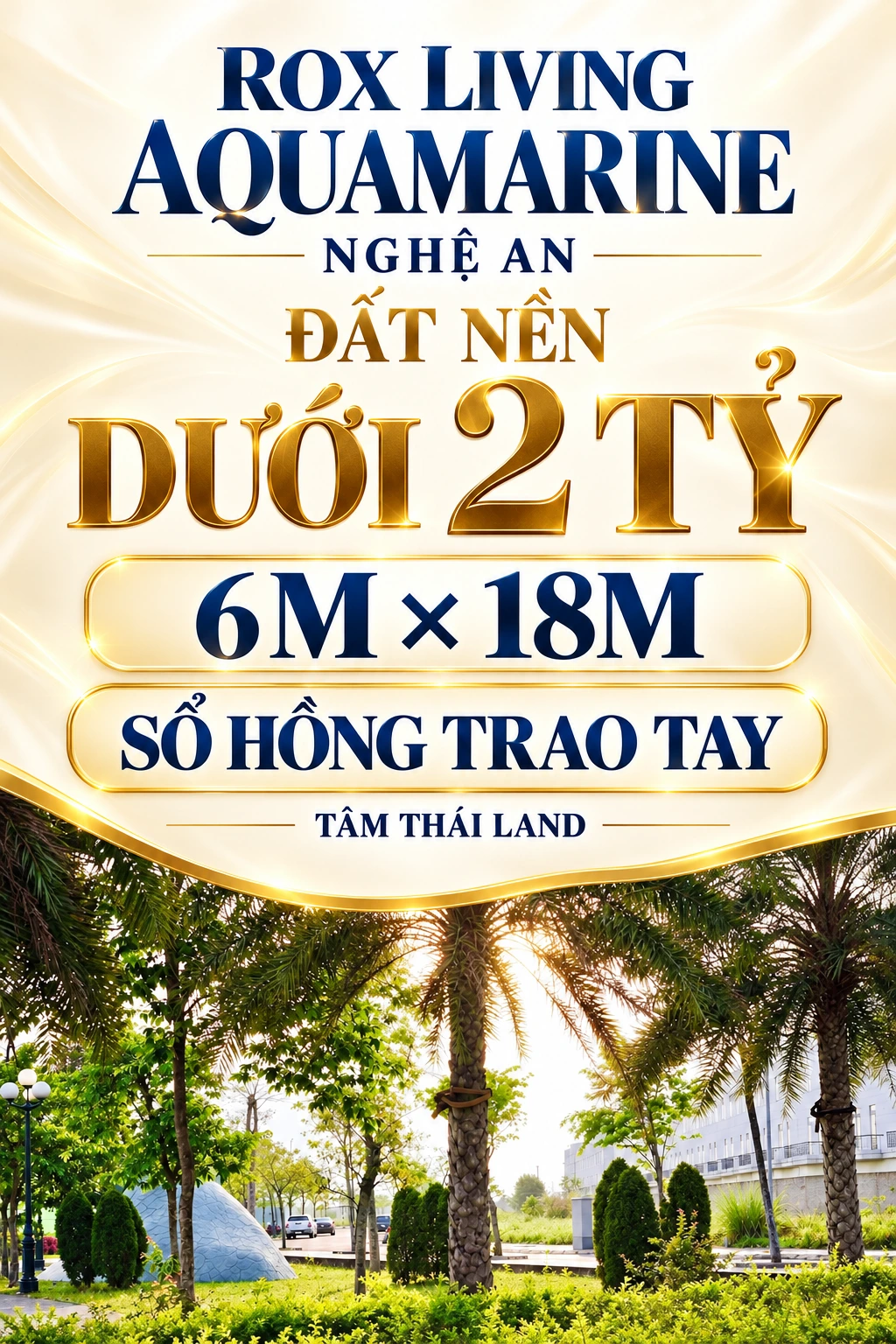 Thiết kế Aquamarine có ảnh vườn cọ, đá cảnh và cây bụi; chữ đất nền dưới 2 tỷ, 6m × 18m, sổ hồng trao tay.