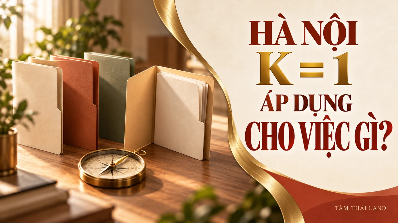 Minh họa hồ sơ giấy và la bàn bên câu hỏi Hà Nội K bằng 1 áp dụng cho việc gì.