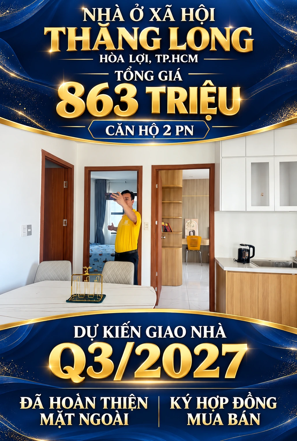 Thiết kế Thăng Long Hòa Lợi TP.HCM với một người áo vàng trong căn mẫu, tổng giá 863 triệu, 2 PN và dự kiến giao Q3/2027.