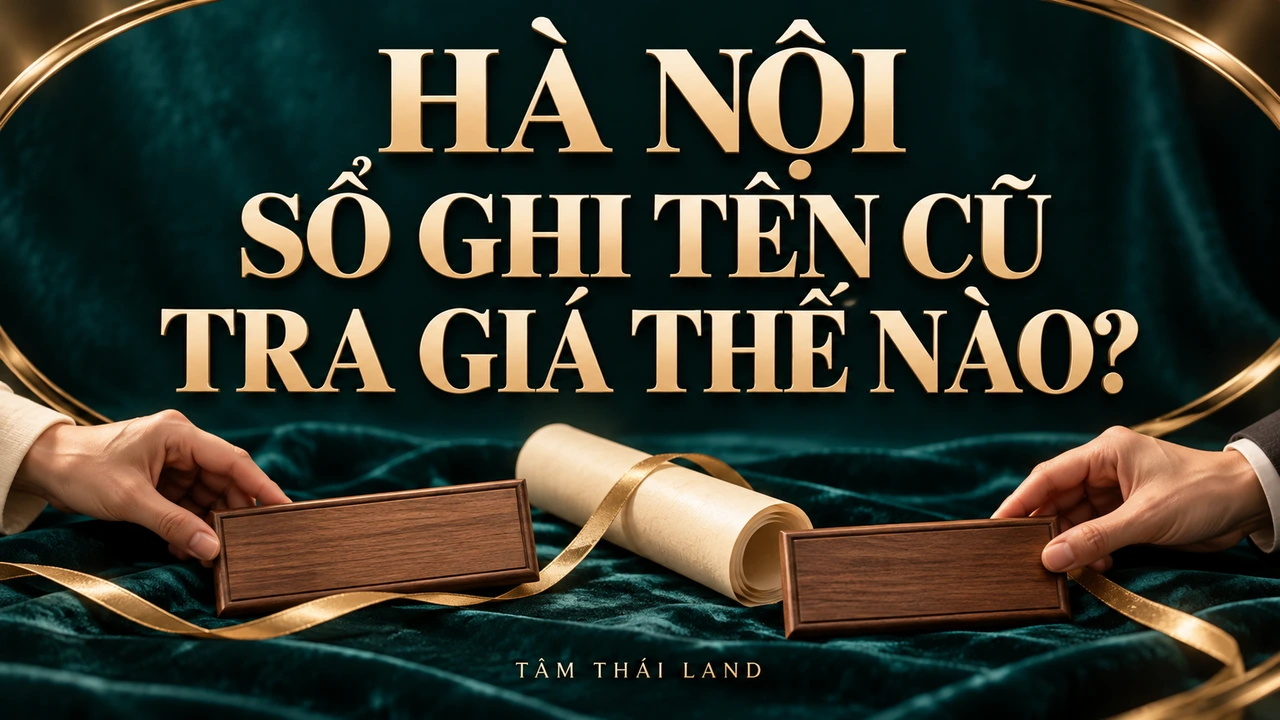 Minh họa hai tấm biển địa chỉ gỗ và cuộn giấy trắng với câu hỏi Hà Nội sổ ghi tên cũ tra giá thế nào.