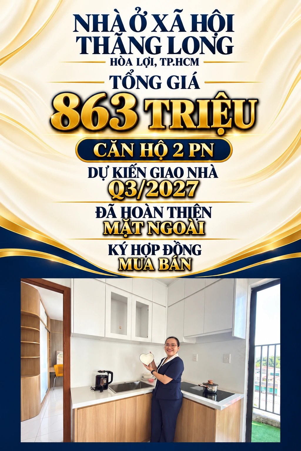 Thiết kế Thăng Long có một phụ nữ áo navy cầm đĩa hình tim trong bếp căn mẫu; tổng giá 863 triệu, 2 PN, dự kiến giao Q3/2027.