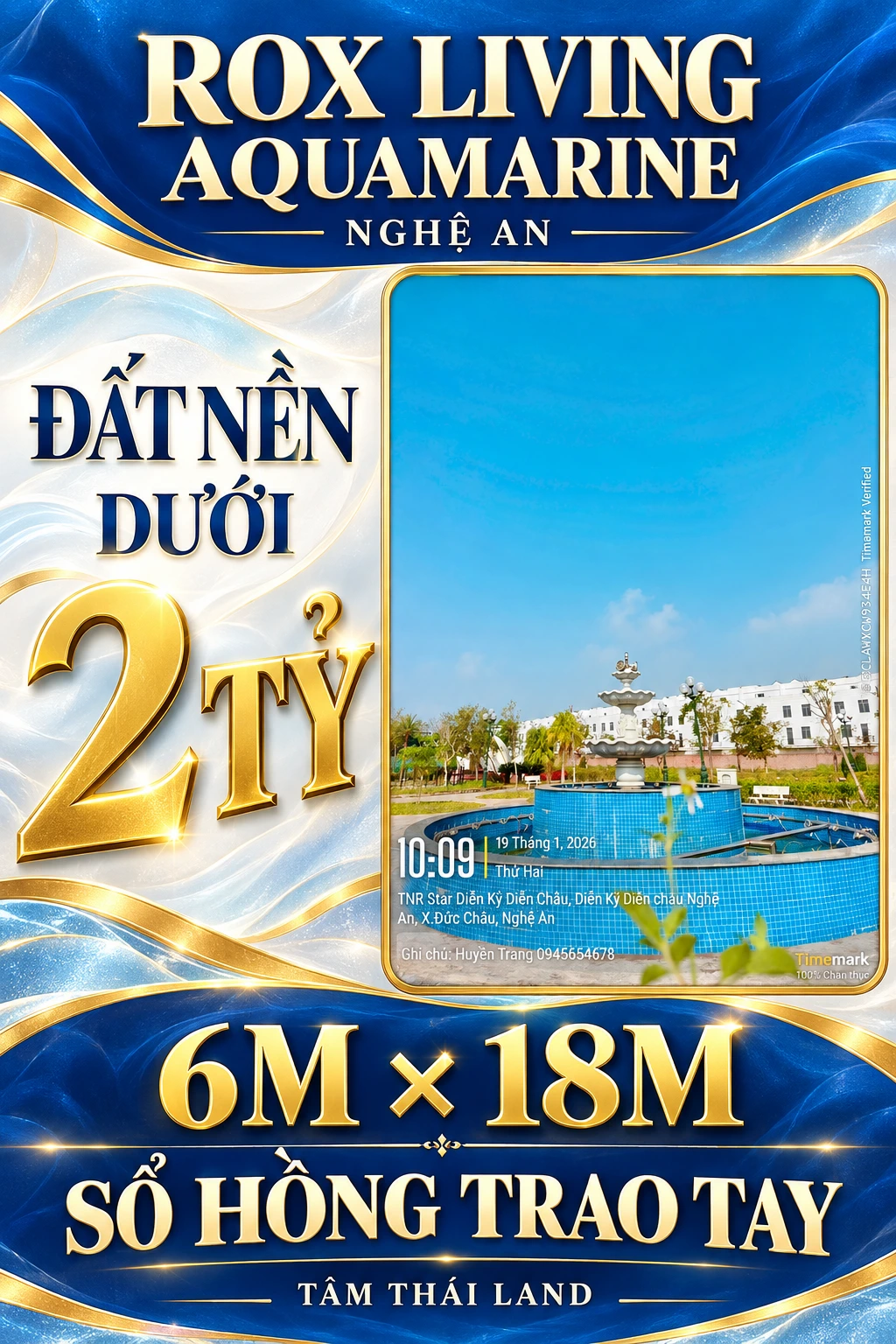 Tư liệu góc bồn đài phun nước Aquamarine Nghệ An cùng thông tin đất nền dưới 2 tỷ, 6M × 18M, sổ hồng trao tay.