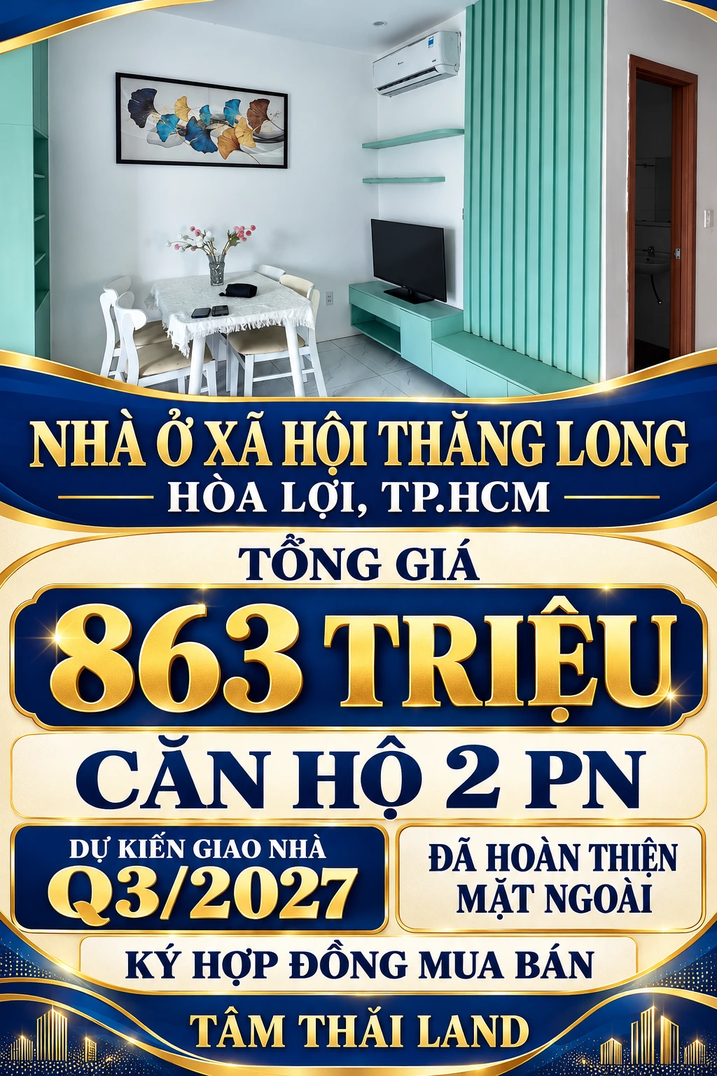 Tư liệu góc bàn ăn bốn ghế và phòng khách căn mẫu Thăng Long Hòa Lợi TP.HCM cùng thông tin 863 triệu, 2 PN và dự kiến Q3/2027.