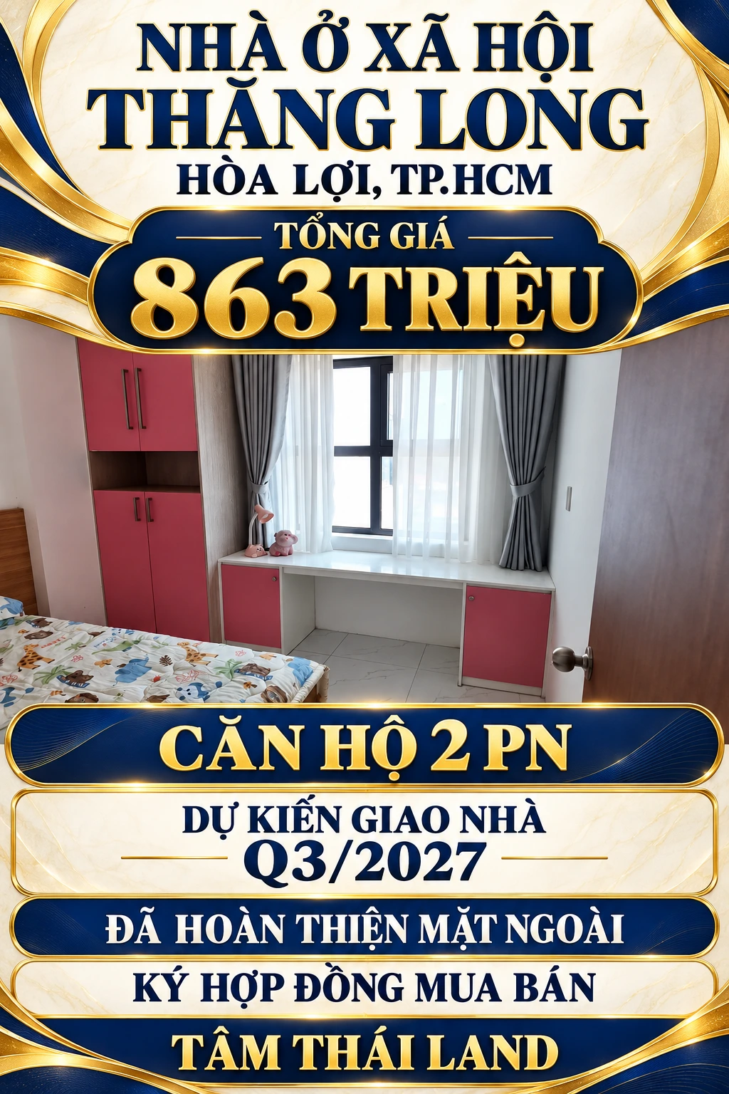 Tư liệu góc bàn học dưới cửa sổ và tủ hồng trong căn mẫu Thăng Long Hòa Lợi TP.HCM, thông tin 863 triệu, 2 PN, dự kiến Q3/2027.