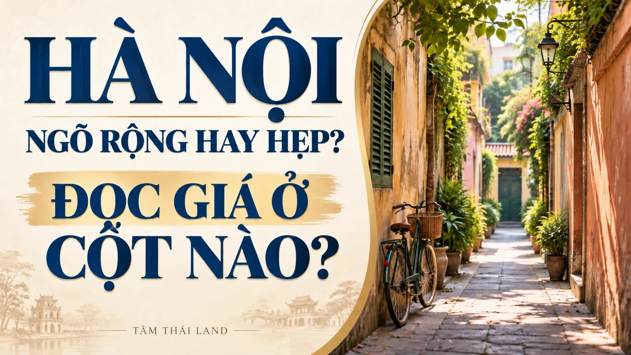 Minh họa một ngõ nhỏ với xe đạp và câu hỏi Hà Nội ngõ rộng hay hẹp đọc giá ở cột nào.