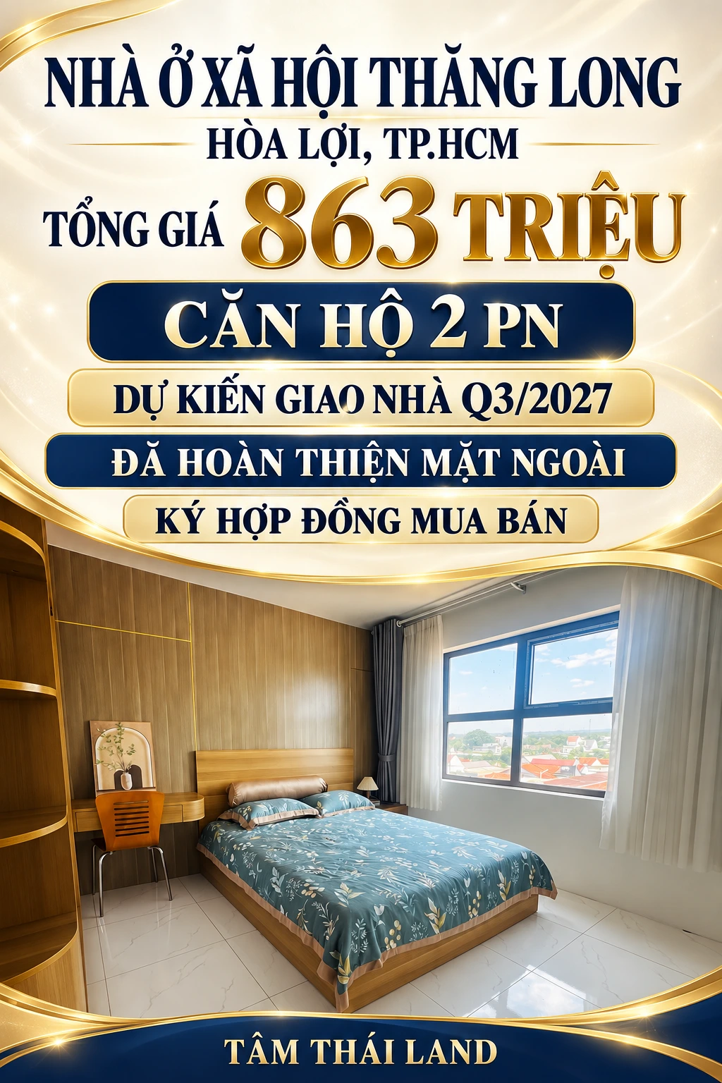 Tư liệu phòng ngủ chăn xanh và vách gỗ căn mẫu Thăng Long Hòa Lợi TP.HCM, thông tin 863 triệu, 2 PN, dự kiến Q3/2027.