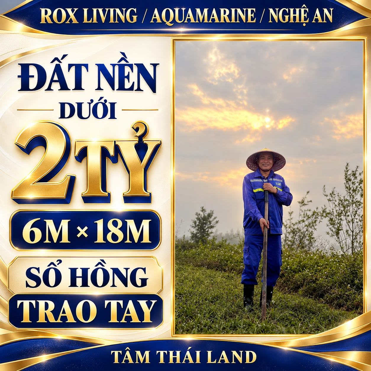 Tư liệu người mặc áo xanh cầm cán dụng cụ trong kho Aquamarine Nghệ An, thông tin đất nền dưới 2 tỷ, 6M × 18M, sổ hồng trao tay.