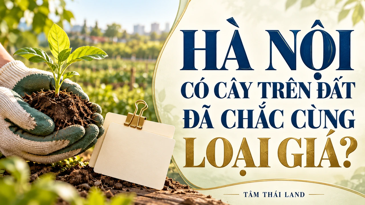 Minh họa bàn tay đeo găng giữ cây non và thẻ trống, chữ Hà Nội có cây trên đất đã chắc cùng loại giá.