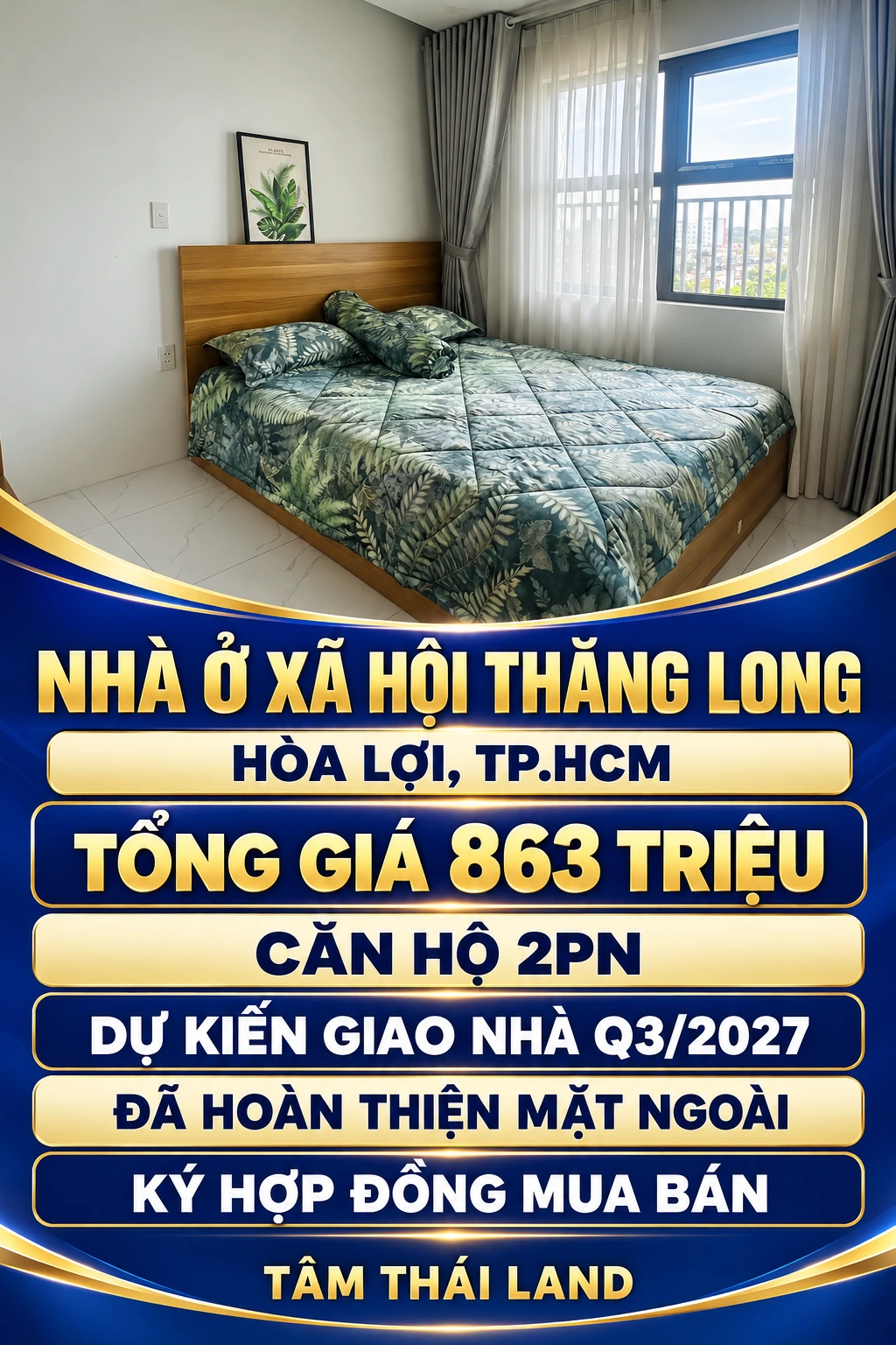 Tư liệu phòng ngủ căn mẫu Thăng Long với chăn lá xanh, tường trắng và rèm cửa; thông tin 863 triệu, 2 PN, dự kiến Q3/2027.