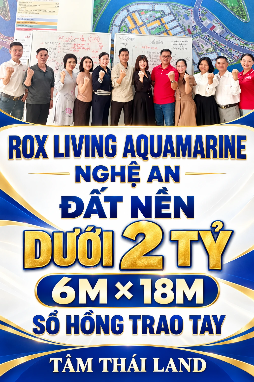 Tư liệu nhóm mười hai người trước bảng viết và bản đồ trong kho Aquamarine, thông tin đất nền dưới 2 tỷ, 6M × 18M, sổ hồng trao tay.