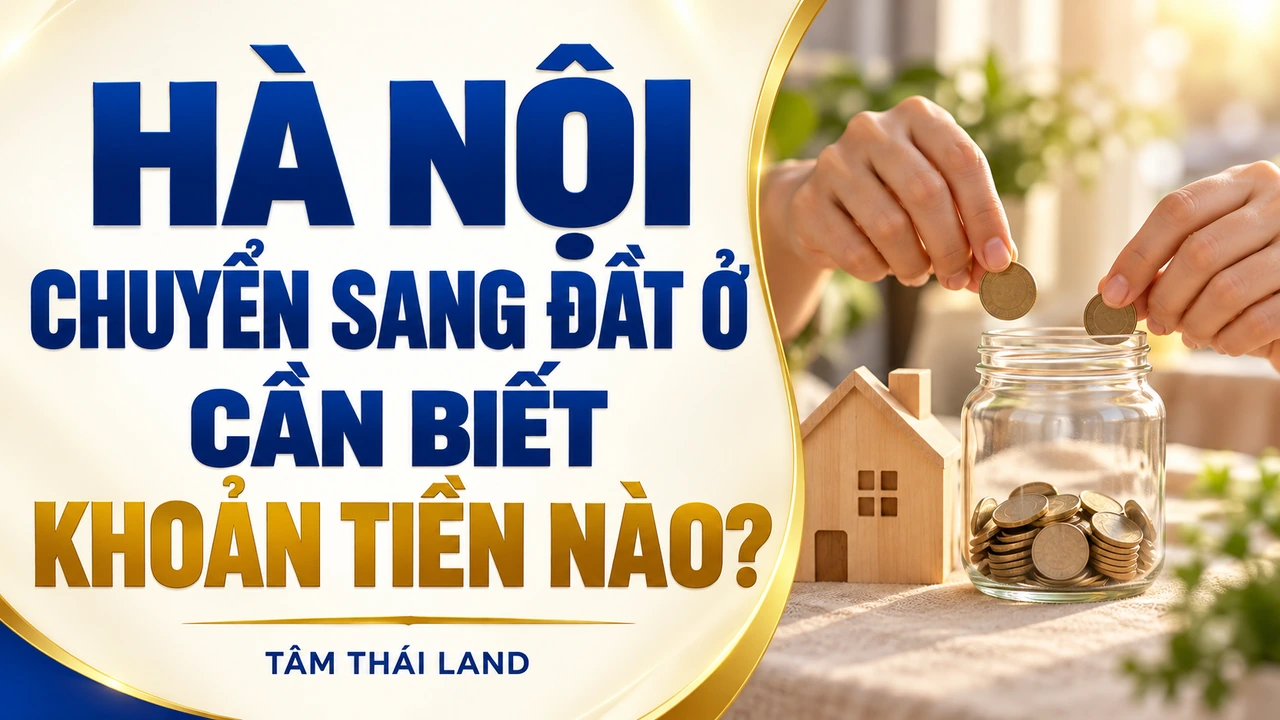 Minh họa hai bàn tay để đồng xu vào lọ dành dụm bên mô hình nhà, chữ Hà Nội chuyển sang đất ở cần biết khoản tiền nào.