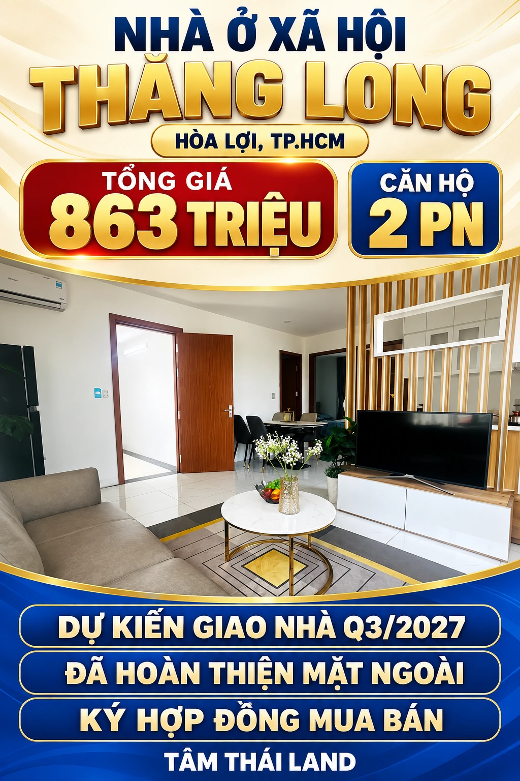 Phòng khách căn mẫu Thăng Long có sofa xám, bàn tròn hoa trắng và vách TV nan gỗ, thông tin 863 triệu, 2 PN, dự kiến Q3/2027.