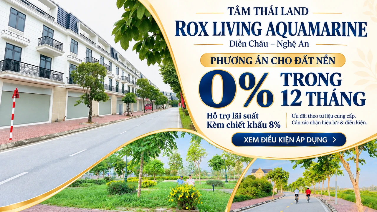 Thiết kế Aquamarine Diễn Châu với dãy nhà, cảnh quan và hoạt động ngoài trời, phương án hỗ trợ lãi suất đất nền.