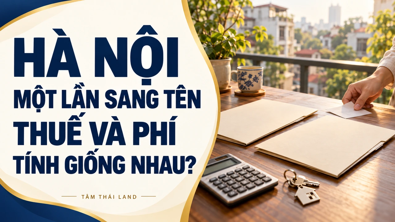 Minh họa hai bìa hồ sơ, máy tính và chìa khóa trên bàn, câu hỏi thuế và phí sang tên tại Hà Nội.