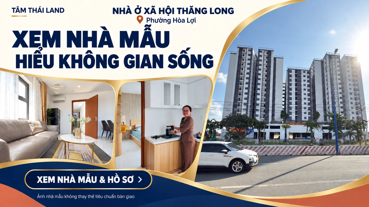Thiết kế Nhà ở xã hội Thăng Long gồm tòa nhà và các góc phòng khách, bếp căn mẫu.