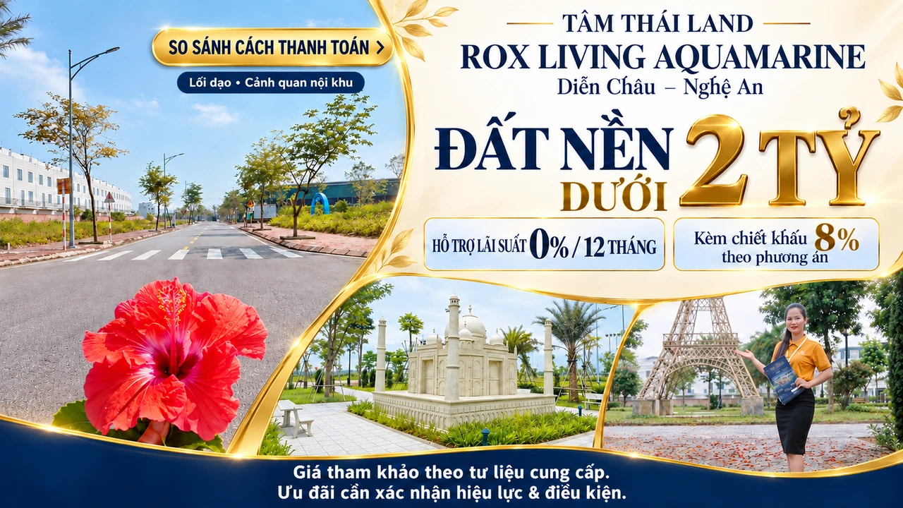 Thiết kế Aquamarine gồm đường nội khu, cảnh quan và người giới thiệu, kèm giá đất nền tham khảo dưới 2 tỷ.
