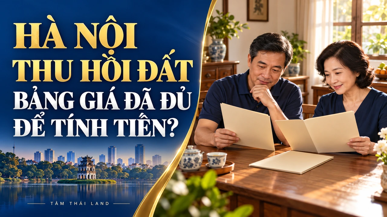 Minh họa AI một đôi vợ chồng xem hồ sơ, kèm câu hỏi thu hồi đất tại Hà Nội.