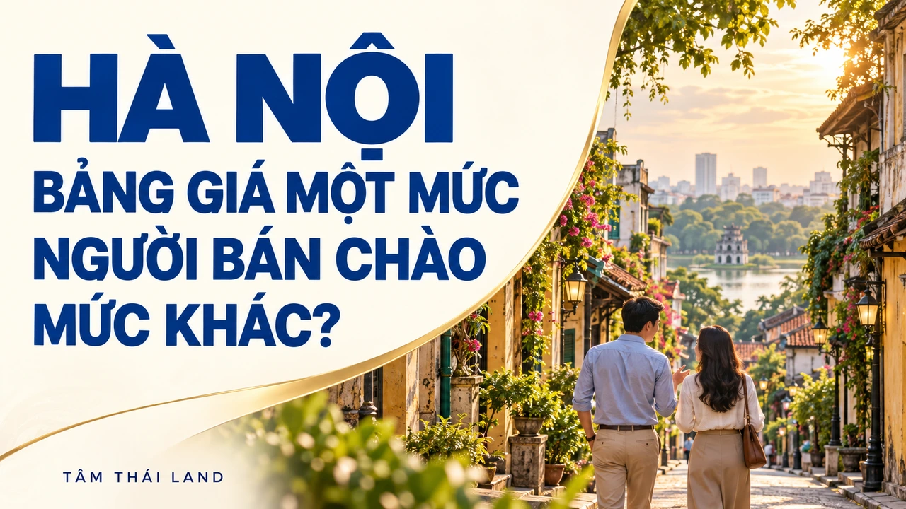 Minh họa AI đôi vợ chồng đi bộ trong khu phố, kèm câu hỏi bảng giá và giá chào đất Hà Nội.