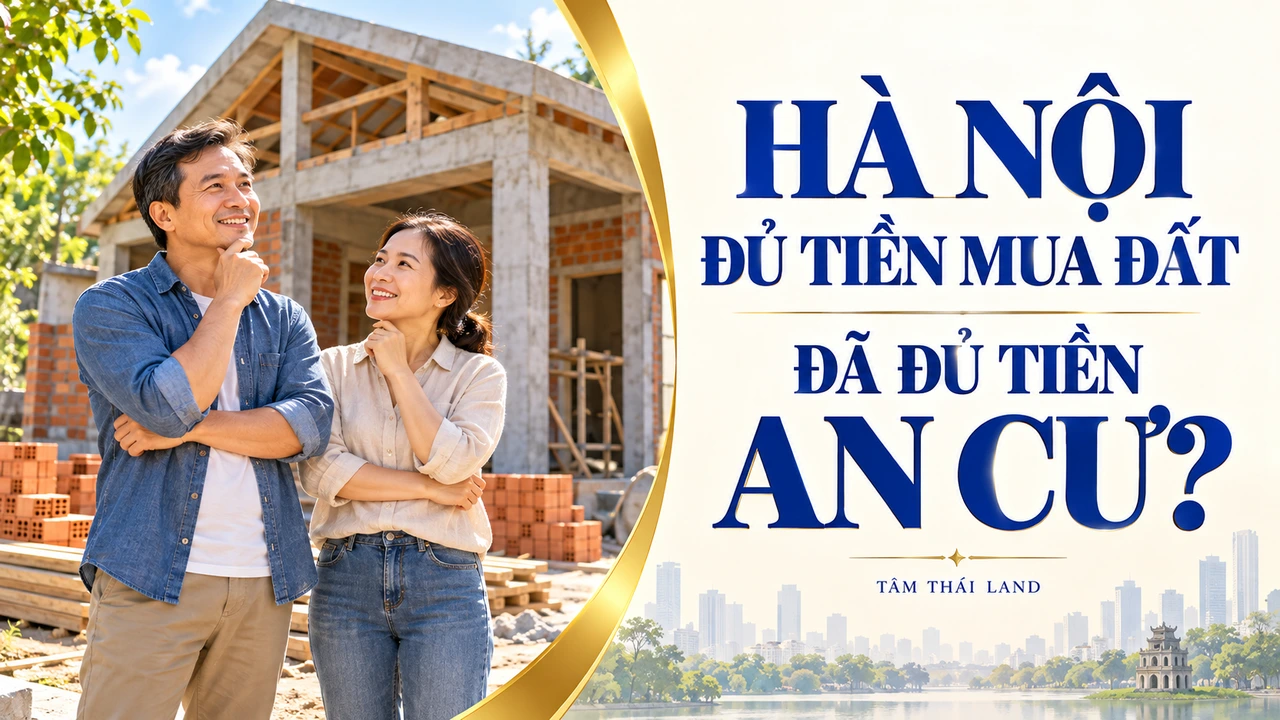 Minh họa AI một đôi vợ chồng trước ngôi nhà đang xây, kèm câu hỏi ngân sách an cư ở Hà Nội.