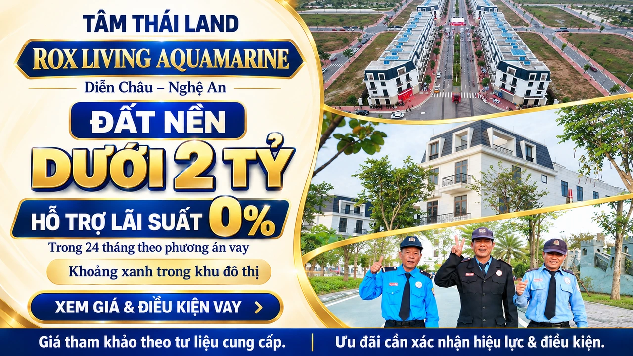 Thiết kế Aquamarine gồm toàn cảnh đường nội khu, góc nhà và ba người trong đồng phục bảo vệ; giá đất nền tham khảo dưới 2 tỷ.