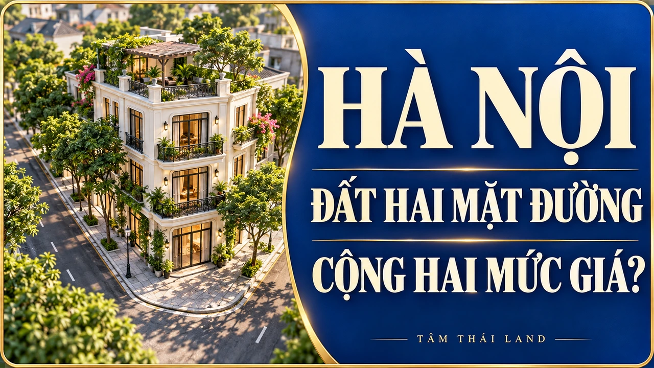 Minh họa AI nhà ở góc hai đường, kèm câu hỏi về cách tra bảng giá đất Hà Nội.