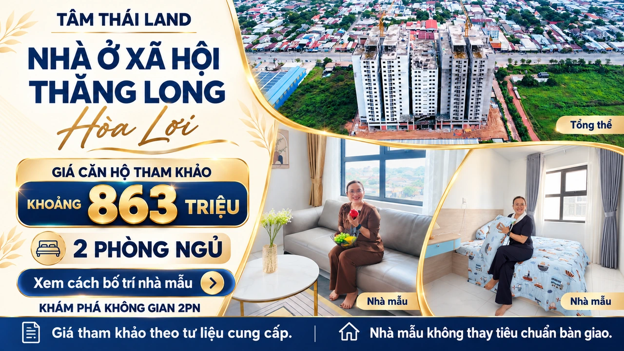 Thiết kế Nhà ở xã hội Thăng Long có toàn cảnh công trình và hai góc căn mẫu với người ngồi, giá tham khảo khoảng 863 triệu cho 2 phòng ngủ.